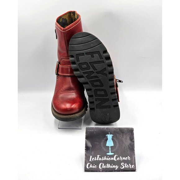 Fly London Women's Red  Leather Seku Wedge Buckled Ankle Boots Sz (5.5) 36 2907 - Picture 4 of 16